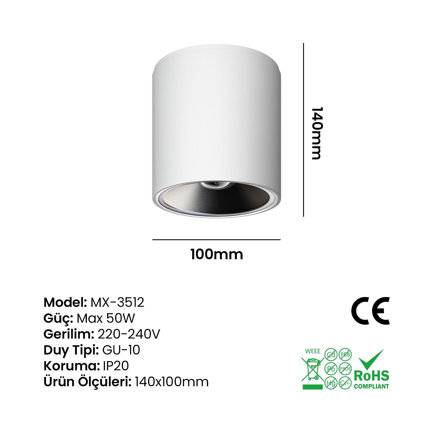 Silindir Dekoratif Armatür Beyaz-Platin Maxled MX-3512 (140mm)