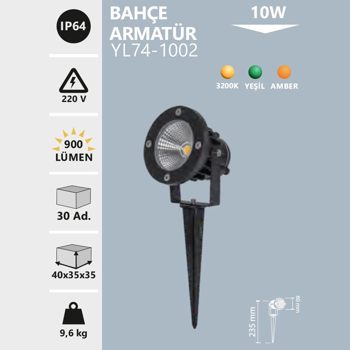 Kazıklı Bahçe Armatürü 10W 3200K Gün Işığı IP64 Noas YL74-1002