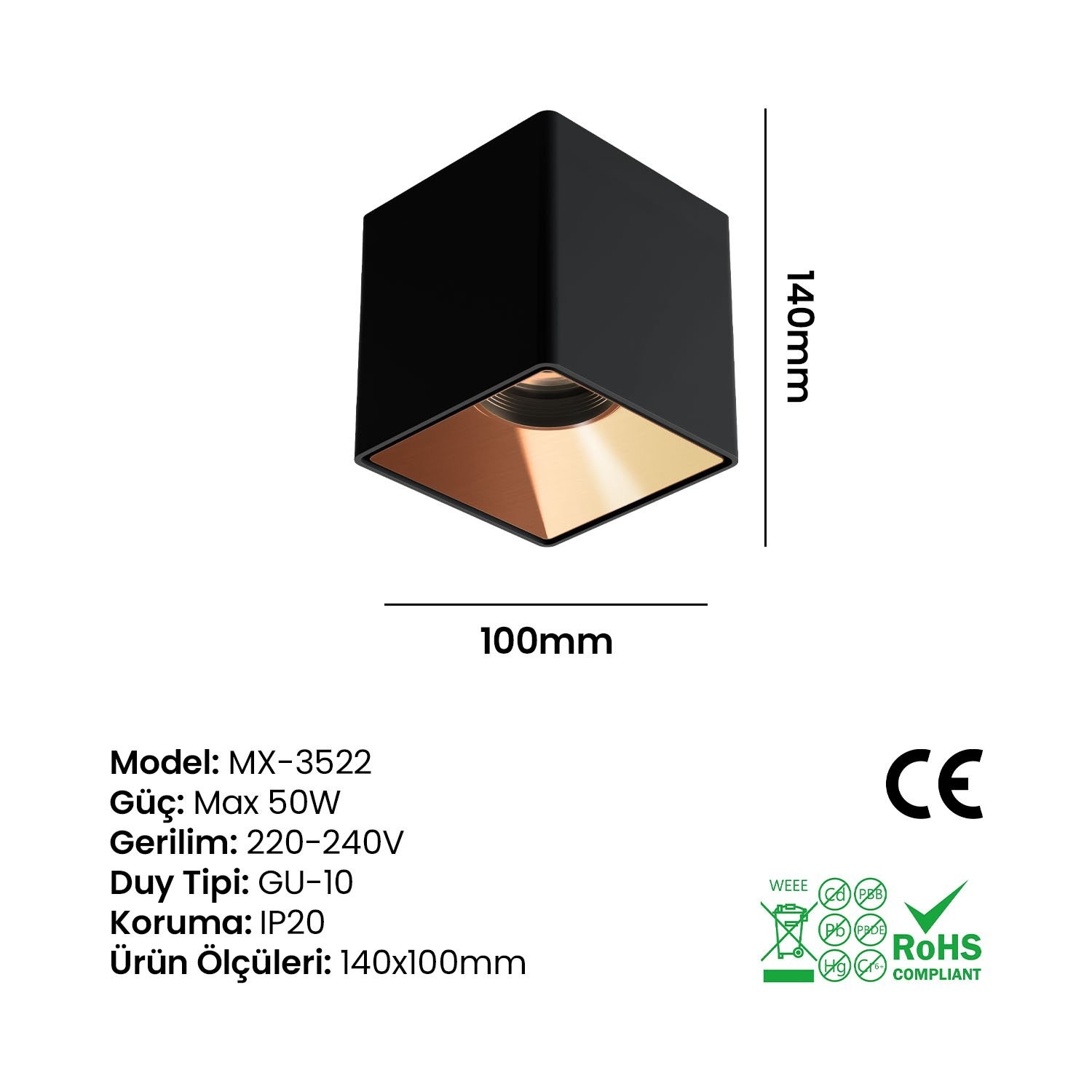 Kare Dekoratif Armatür Siyah-Rose Maxled MX-3522 (140mm)