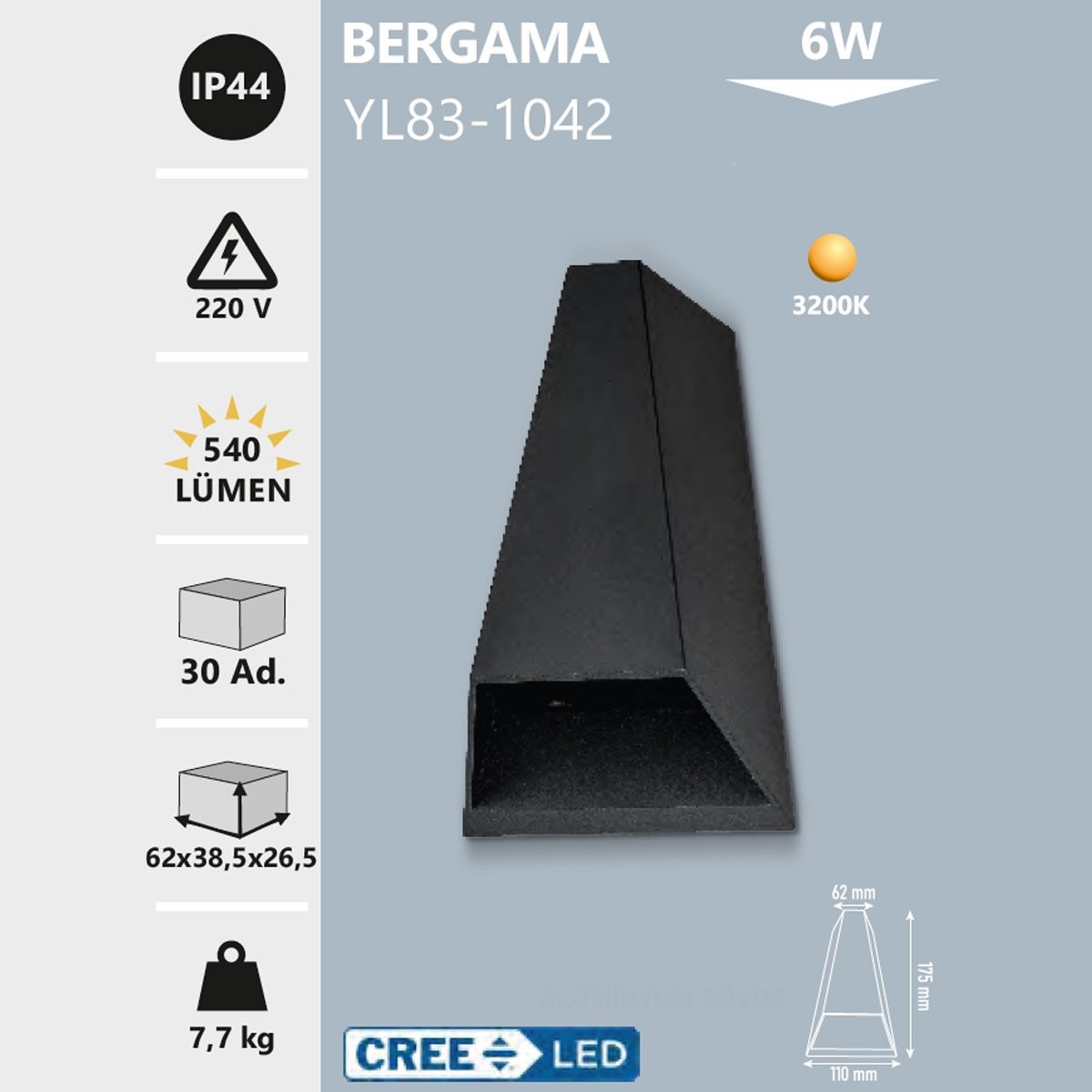 Dekoratif Aplik 6W 3200K Gün Işığı IP44 Noas Bergama YL83-1042