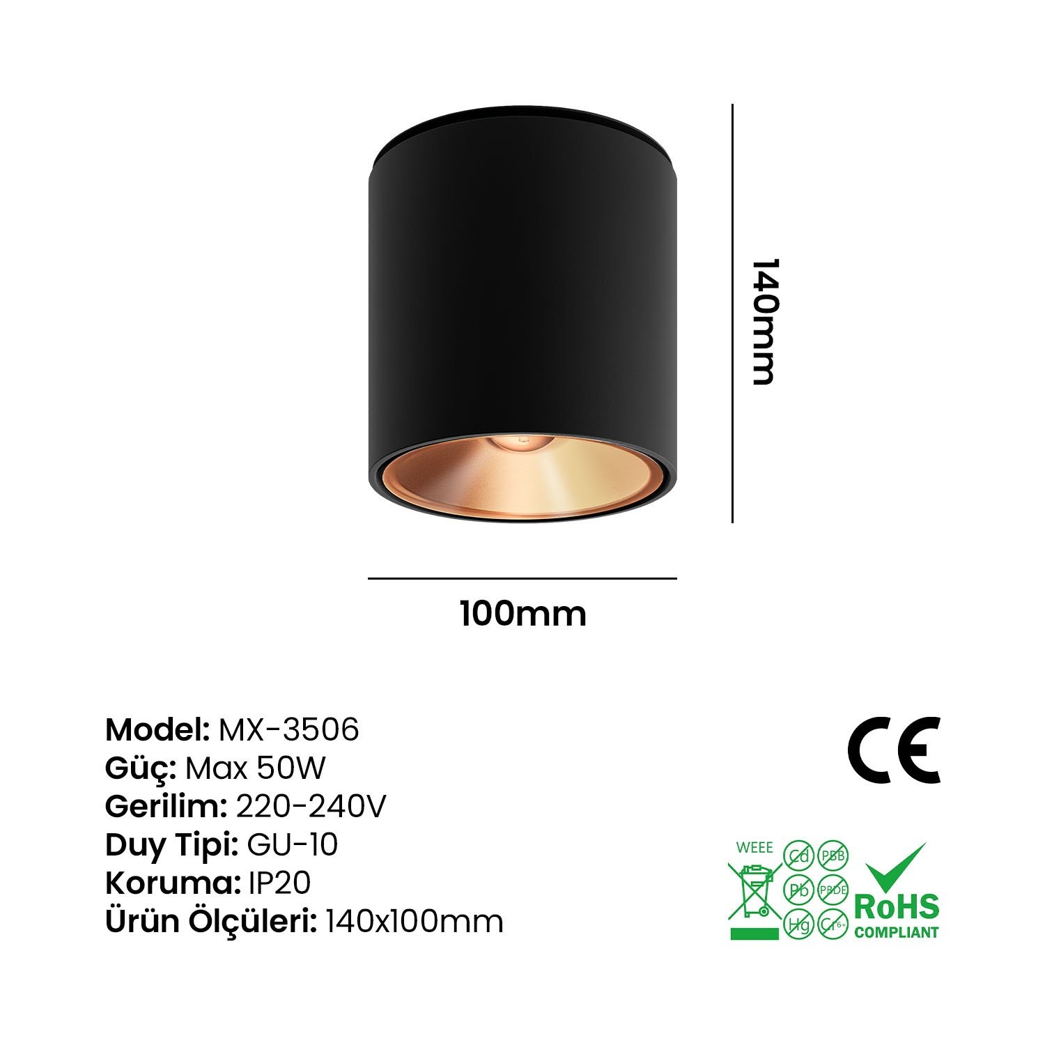 Silindir Dekoratif Armatür Siyah-Rose Maxled MX-3506 (140mm)
