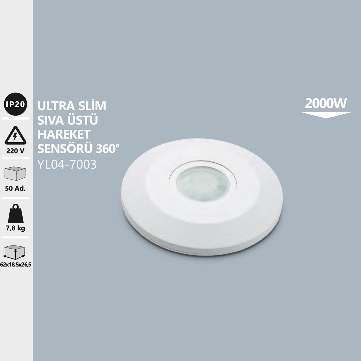 Ultra Slim Sıva Üstü Hareket Sensörü 2000W 360° Noas YL04-7003