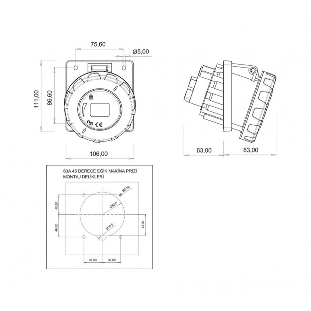 45° Eğik Makine Priz 5x63A 380V IP67 - Bemis BC1-4505-7420