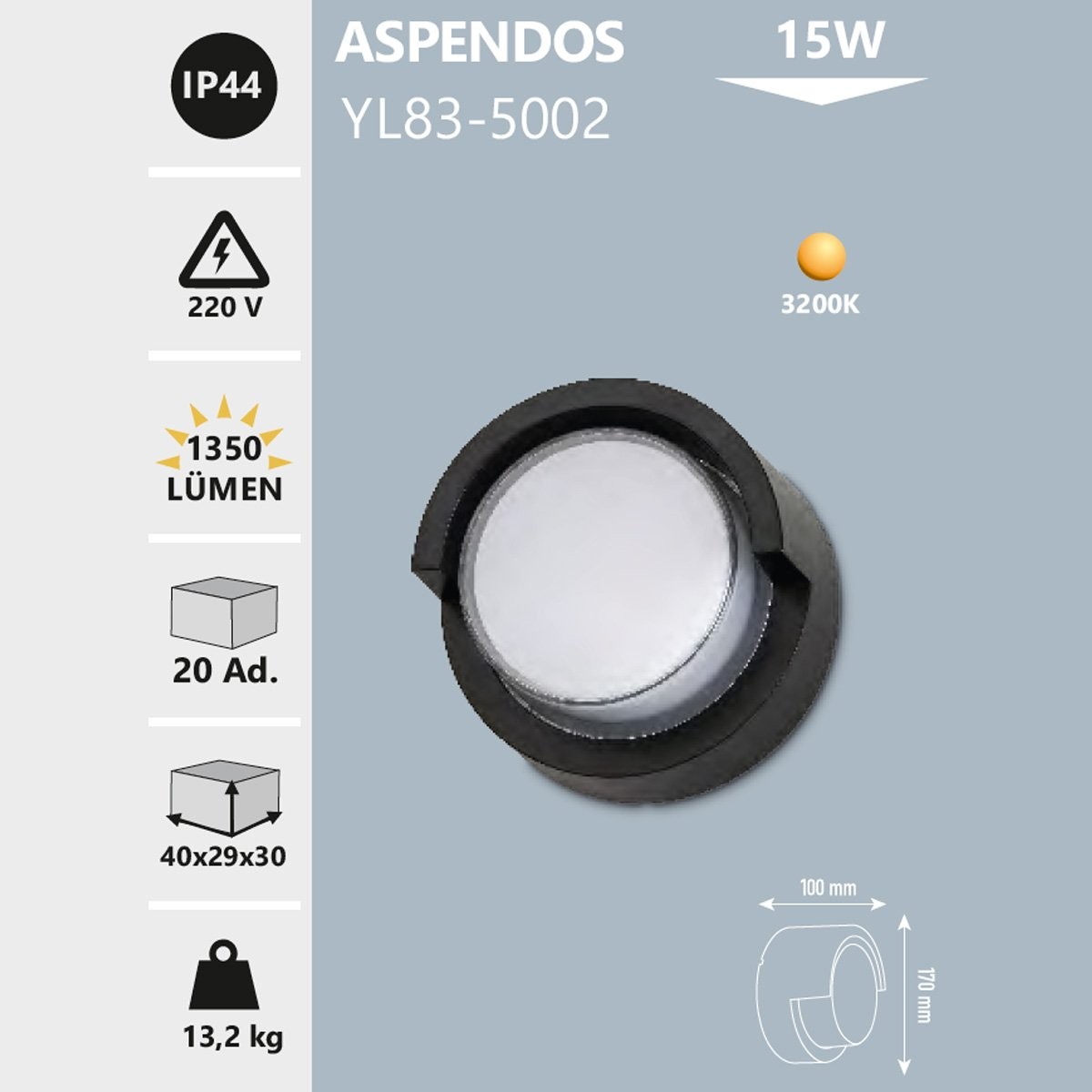 Dekoratif Aplik 15W 3200K Gün Işığı IP44 Noas Aspendos YL83-5002