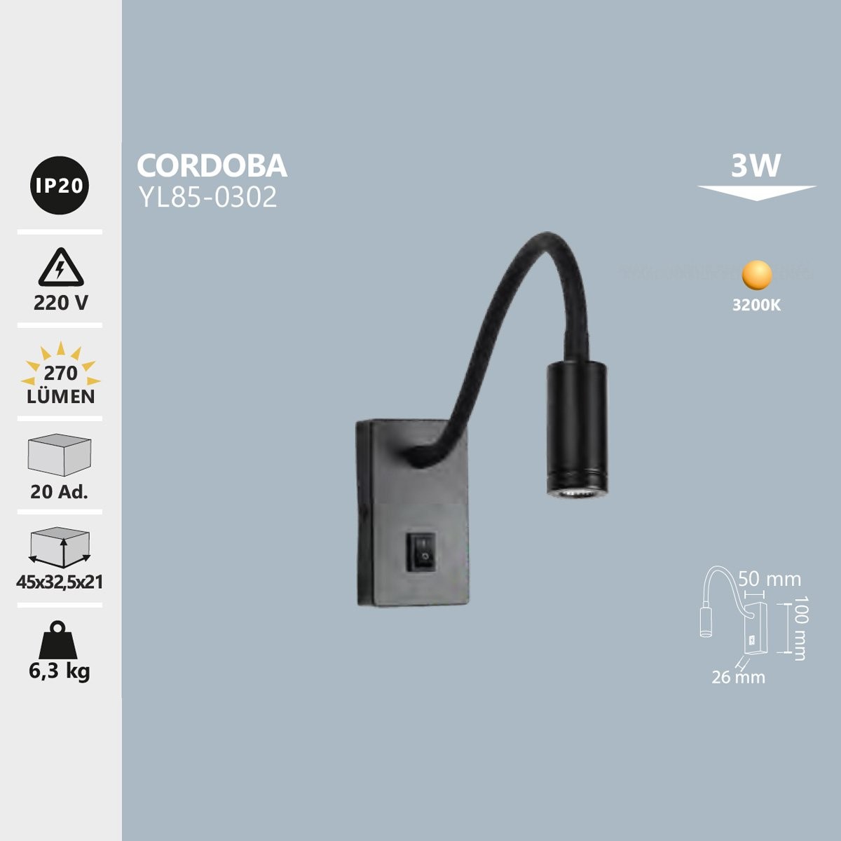 LED Okuma Lambası 3W 3200K Gün Işığı Noas Cordoba YL85-0302