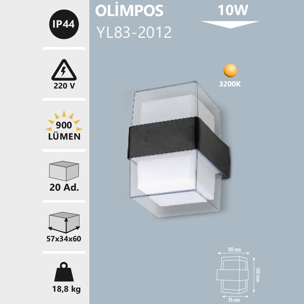 Dekoratif Aplik 10W 3200K Gün Işığı IP44 Noas Olimpos YL83-2012