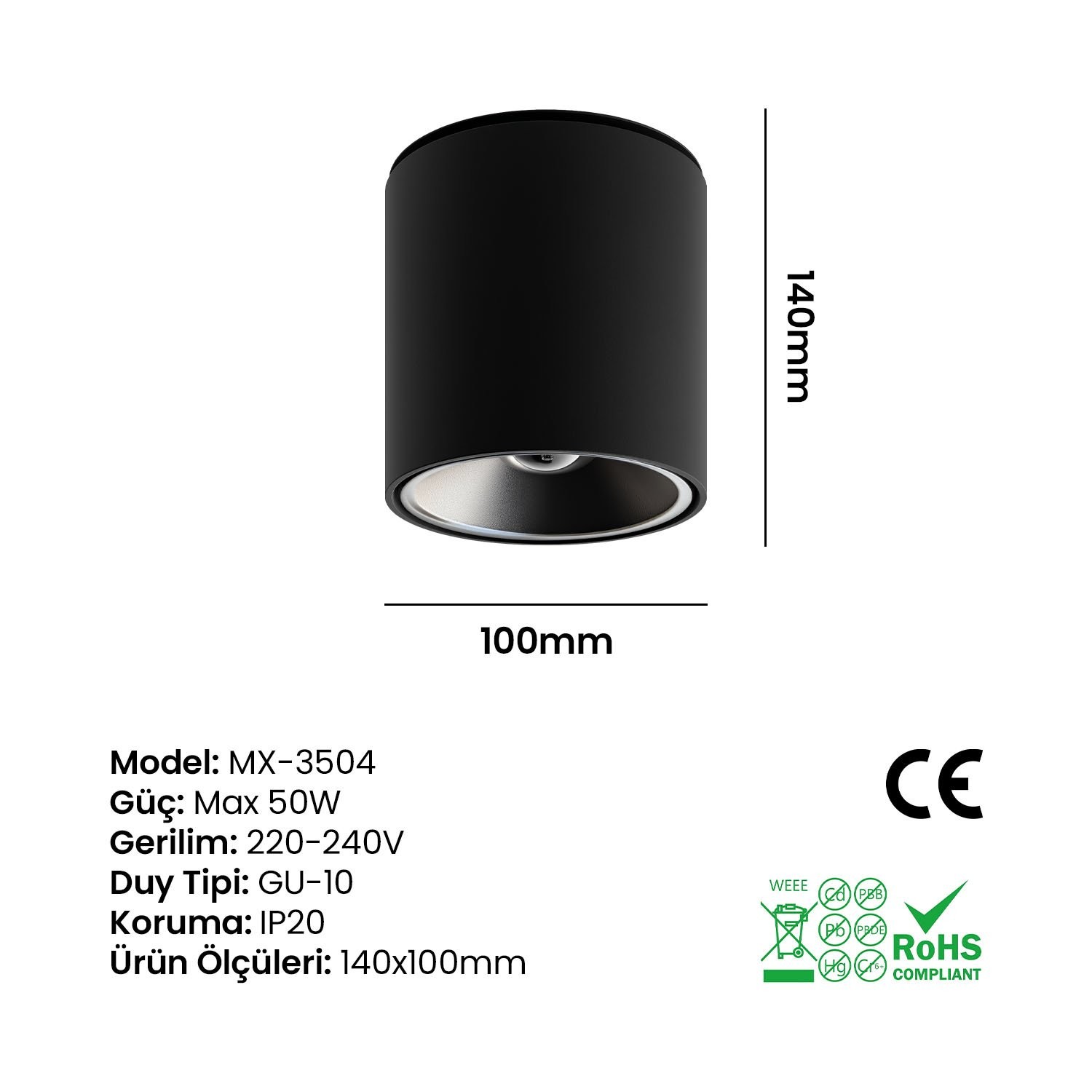 Silindir Dekoratif Armatür Siyah-Platin Maxled MX-3504 (140mm)