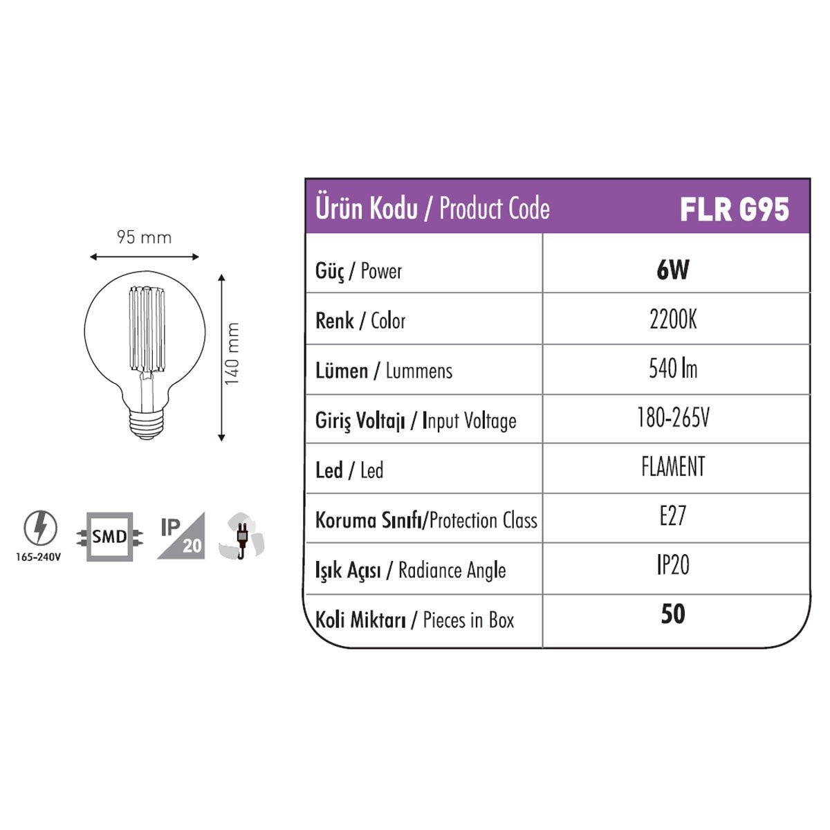 LED Rustik Glop Ampul G95 E27 6W 2200K Amber Fuji FLR G95