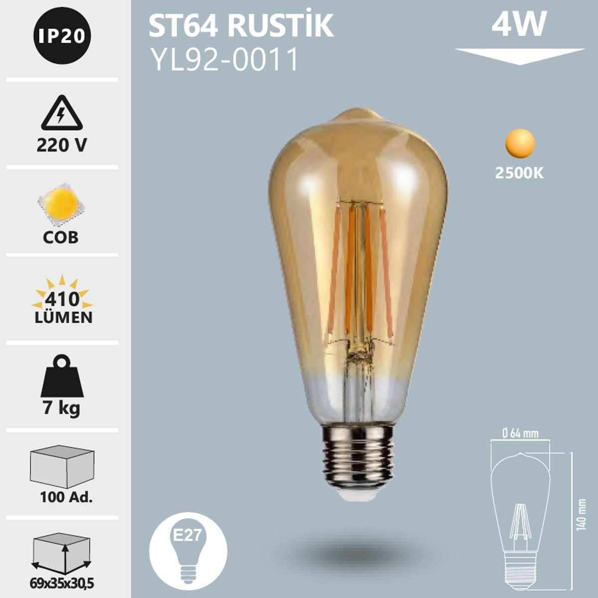 LED Rustik Ampul ST64 4W Amber Noas YL92-0011