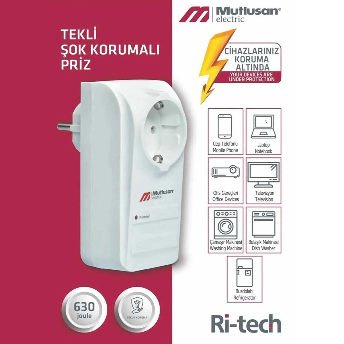 Mutlusan Tekli Şok Korumalı Priz - Aşırı Gerilim Koruyucu