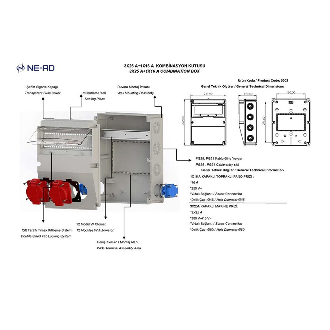 Kombinasyon Panosu 3x25A 2 Adet Ön + 1x16A 2 Adet Yan - Nead NEAD-5002