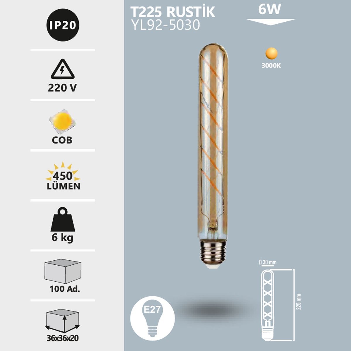LED Rustik Tüp Ampul T225 E27 6W 3000K Gün Işığı Noas YL92-5030