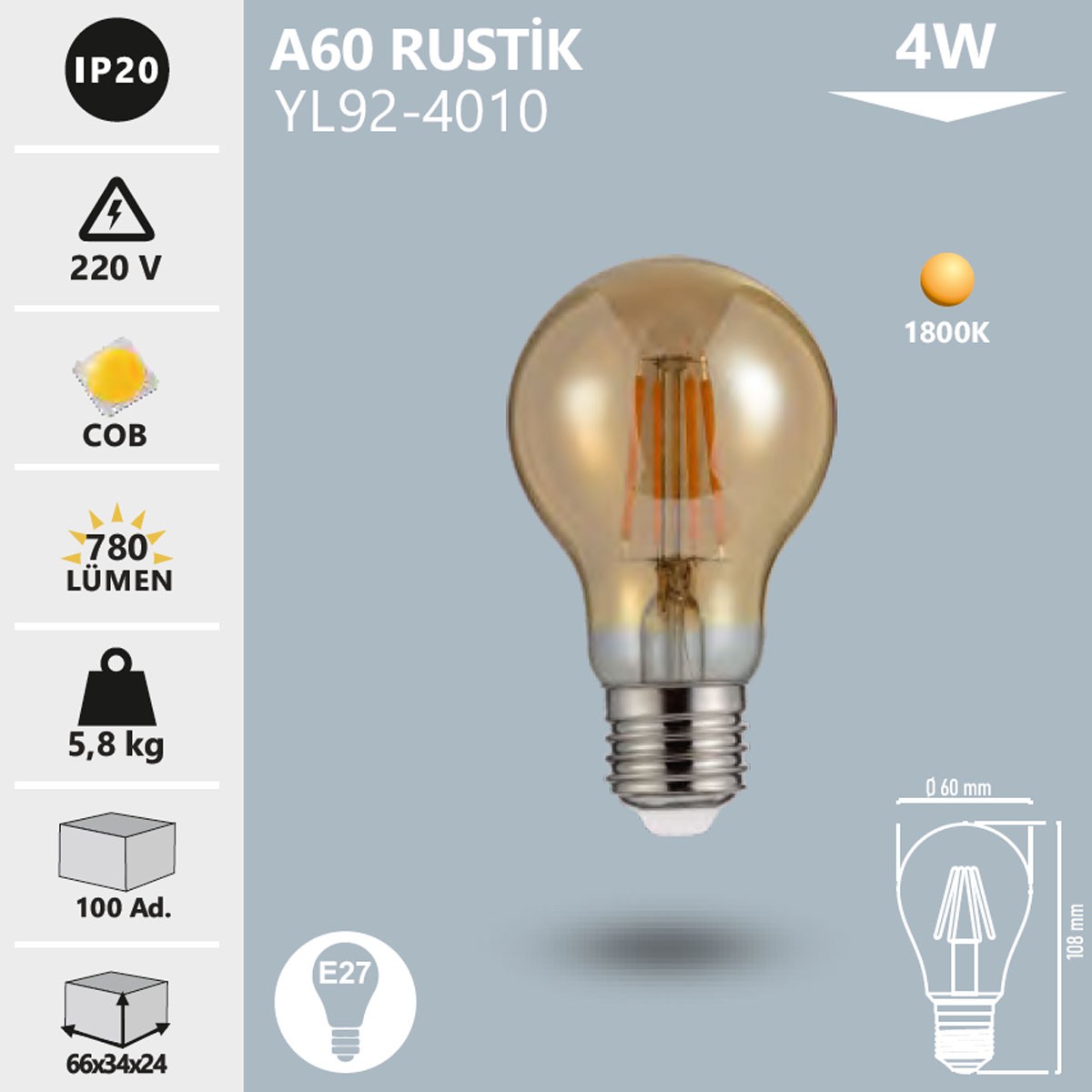 LED Rustik Ampul A60 4W Amber Noas YL92-4010