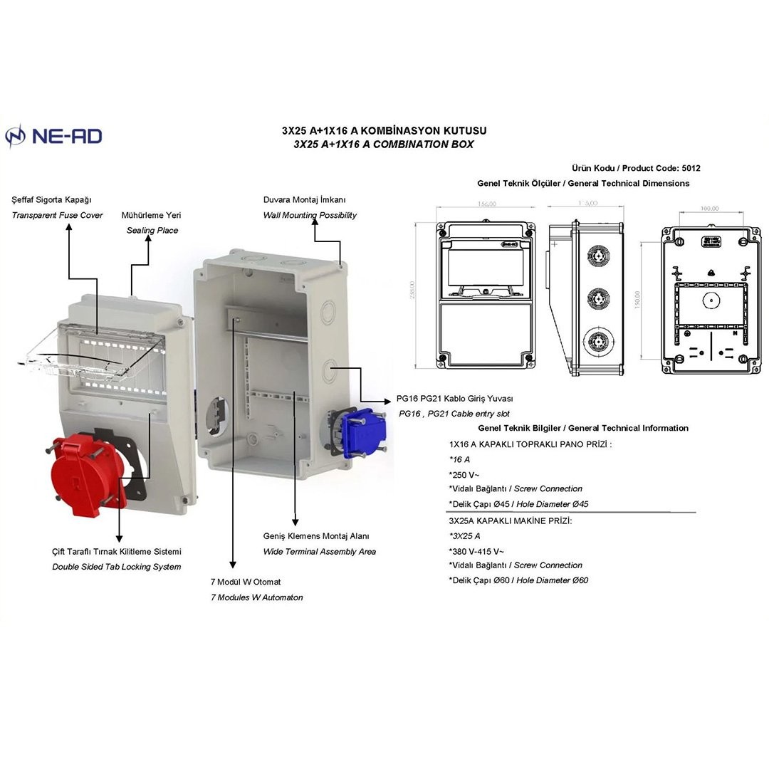 Kombinasyon Panosu 3x25A 1 Adet Ön + 1x16A 2 Adet Yan - NEAD-5012