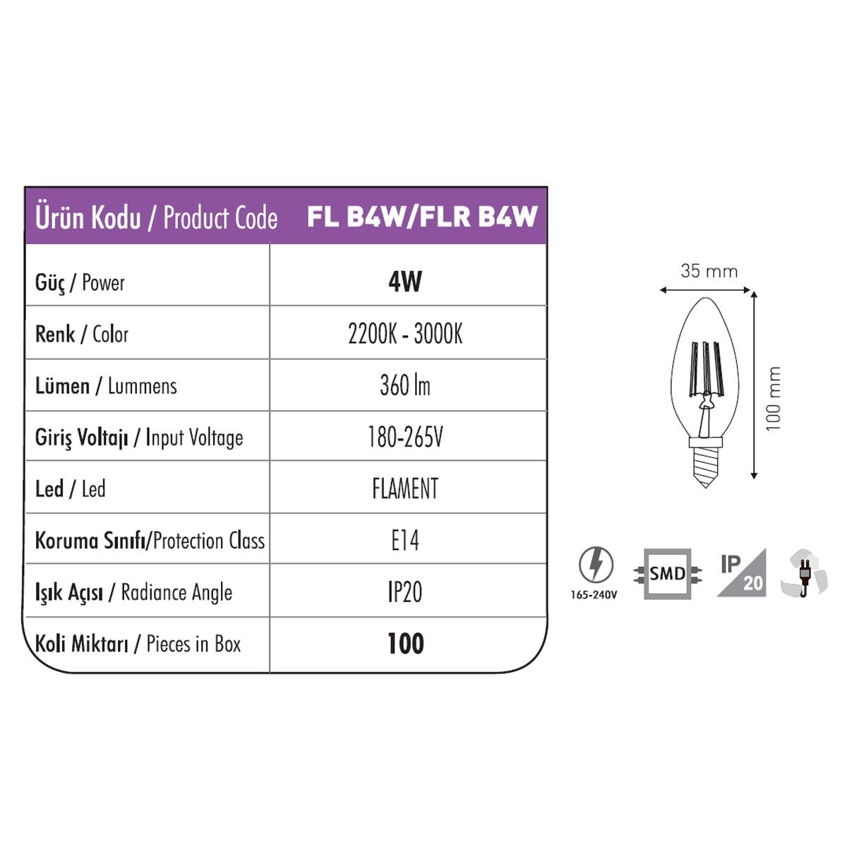 LED Rustik Ampul E14 4W 2200K Amber Fuji FL B4W