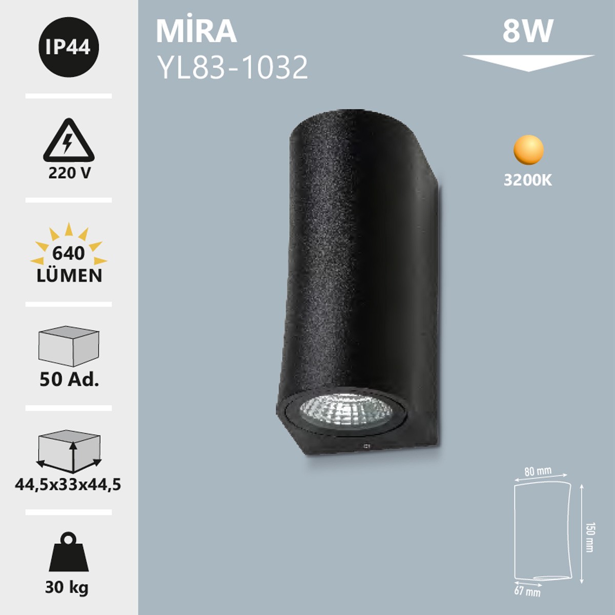 Dekoratif Aplik 8W 3200K Gün Işığı IP44 Noas Mira YL83-1032