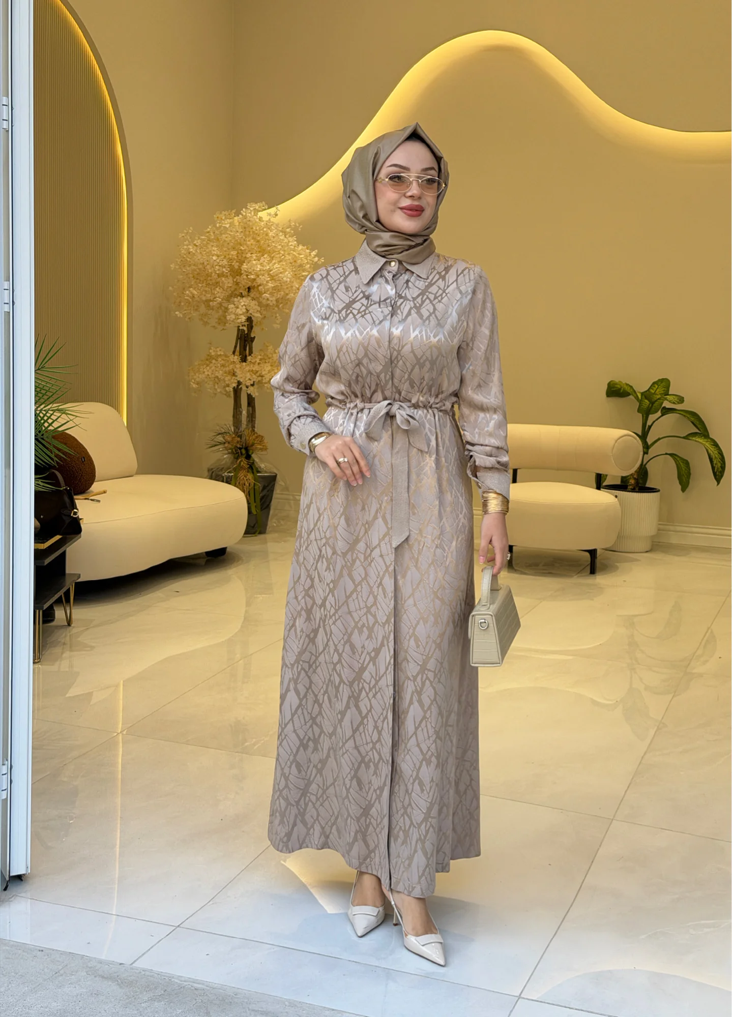 İPEKDOKU 8041 KENDİNDEN DESENLİ ELBİSE