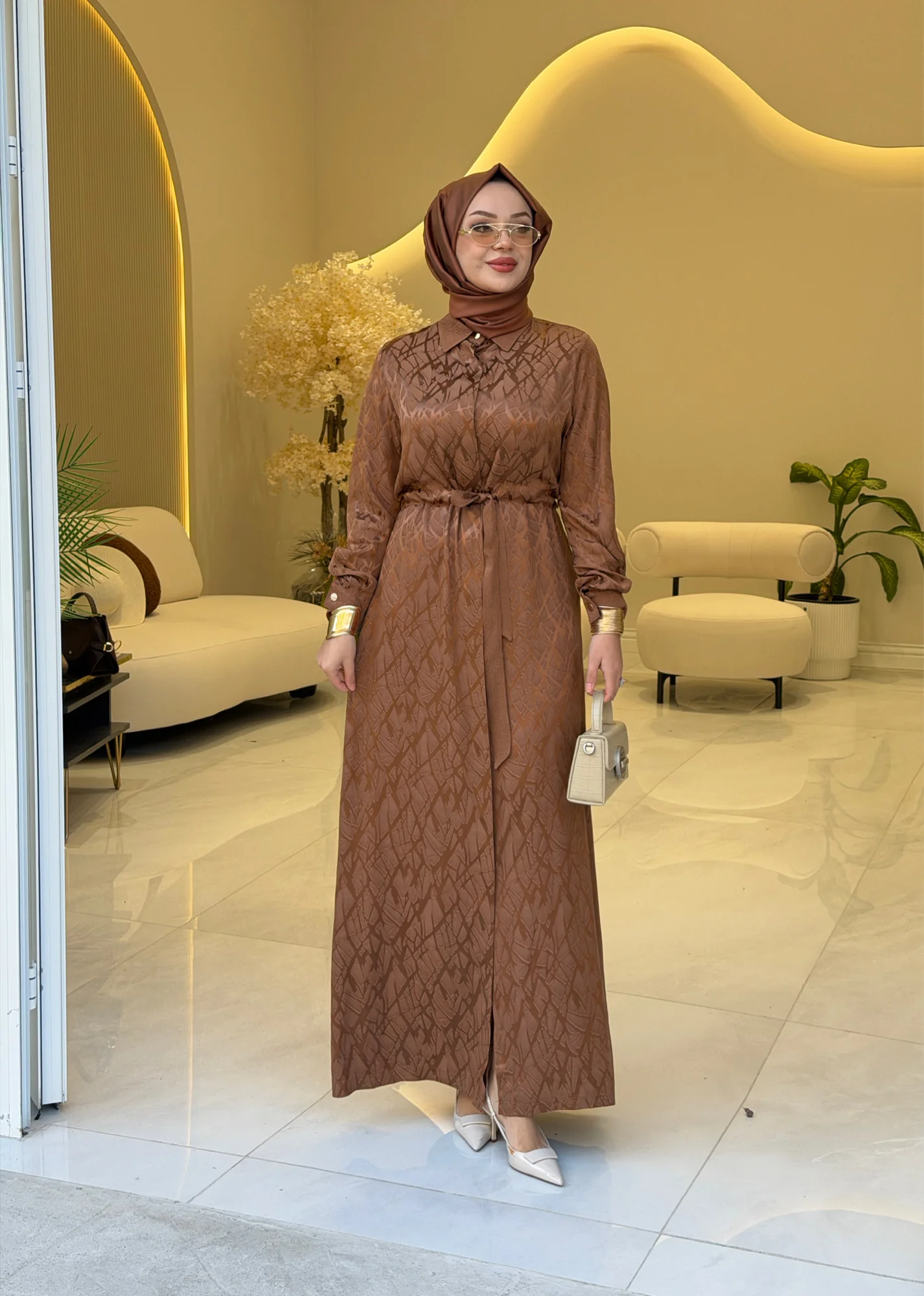 İPEKDOKU 8041 KENDİNDEN DESENLİ ELBİSE