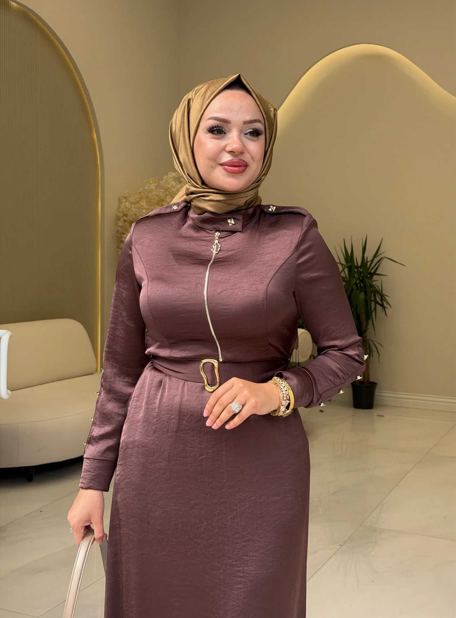 İPEKDOKU 8032 KEMERLİ İPEK SATEN ELBİSE