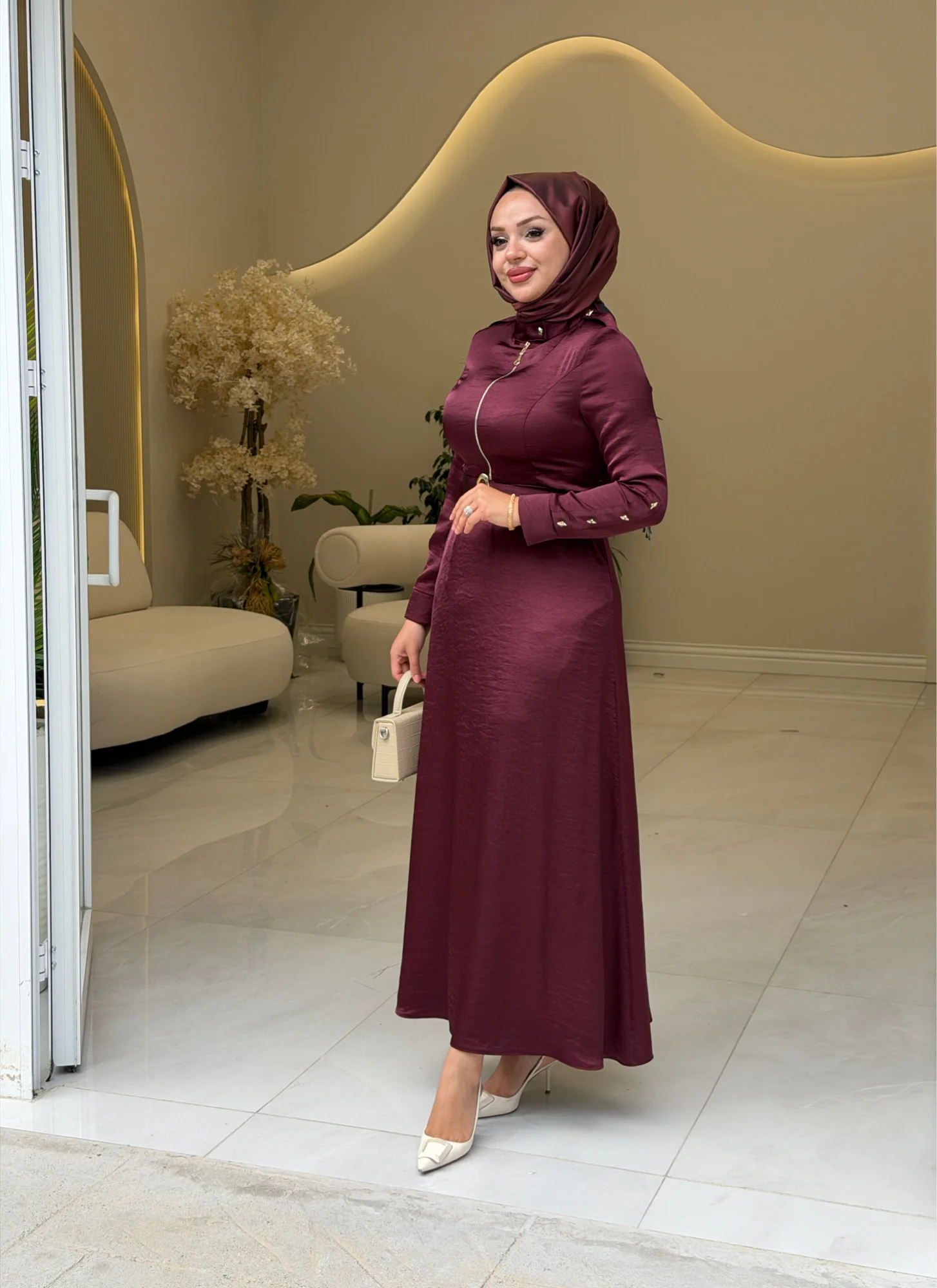İPEKDOKU 8032 KEMERLİ İPEK SATEN ELBİSE