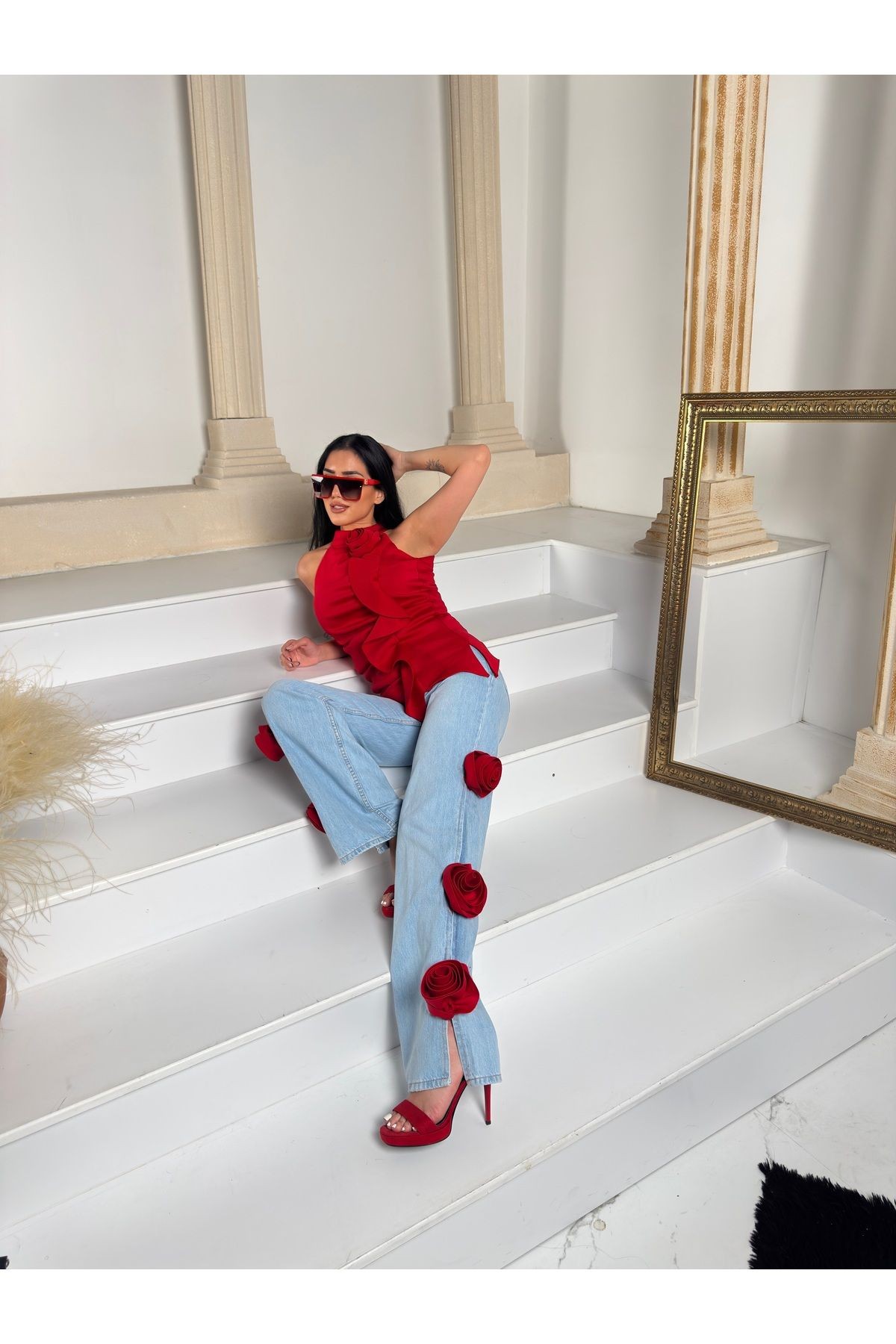 Kadın Ithal Denimden Yanlar Gül Işlemeli Cepli Özel Tasarım Mom Jeans - Kırmızı
