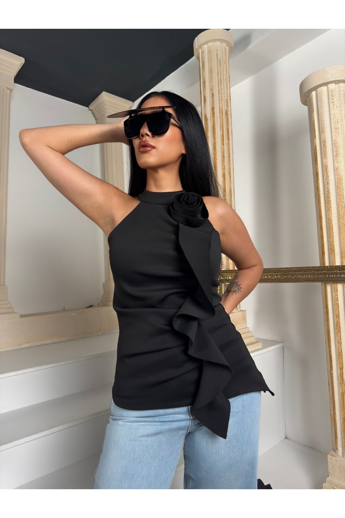 Kadın Ithal Denimden Yanlar Gül Işlemeli Cepli Özel Tasarım Mom Jeans - Siyah
