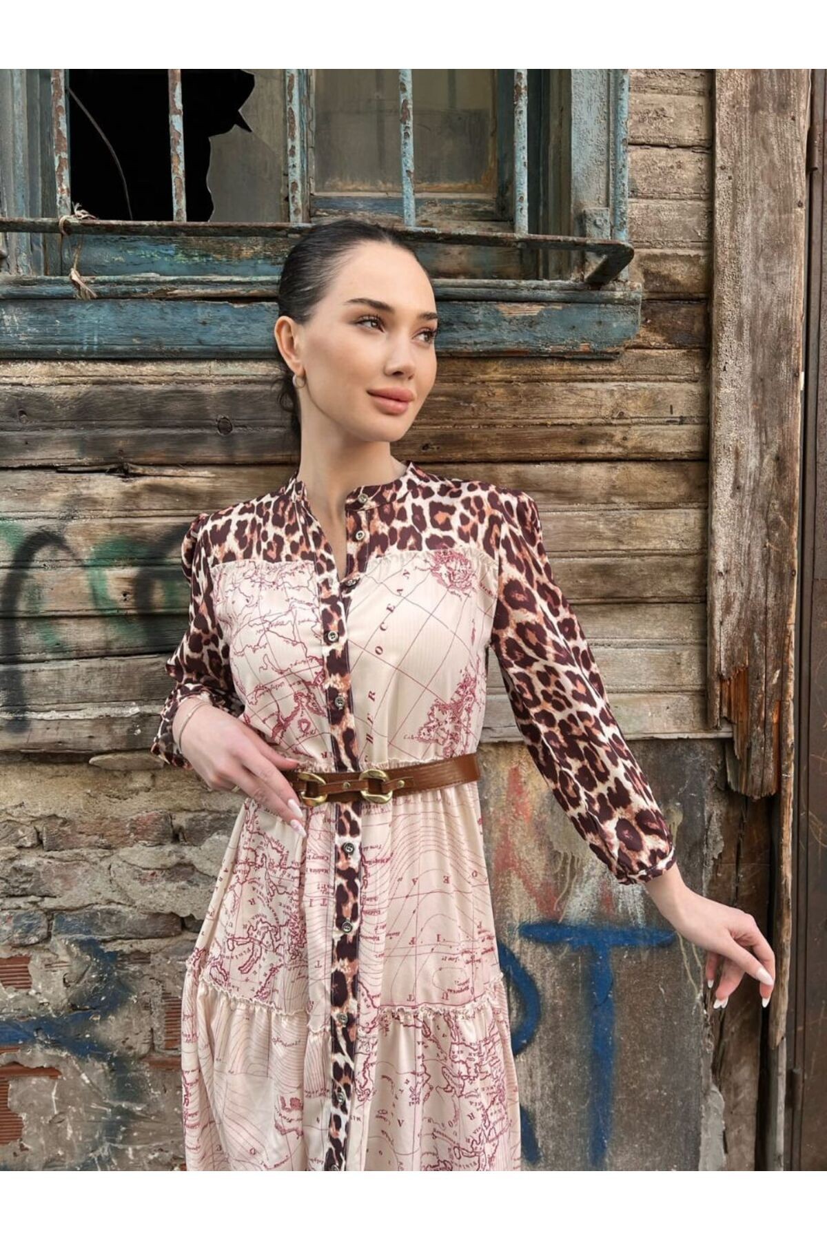 Kadın Hakim Yaka Leopar Desen Baskılı Kemerli Düğmeli Maxi Elbise