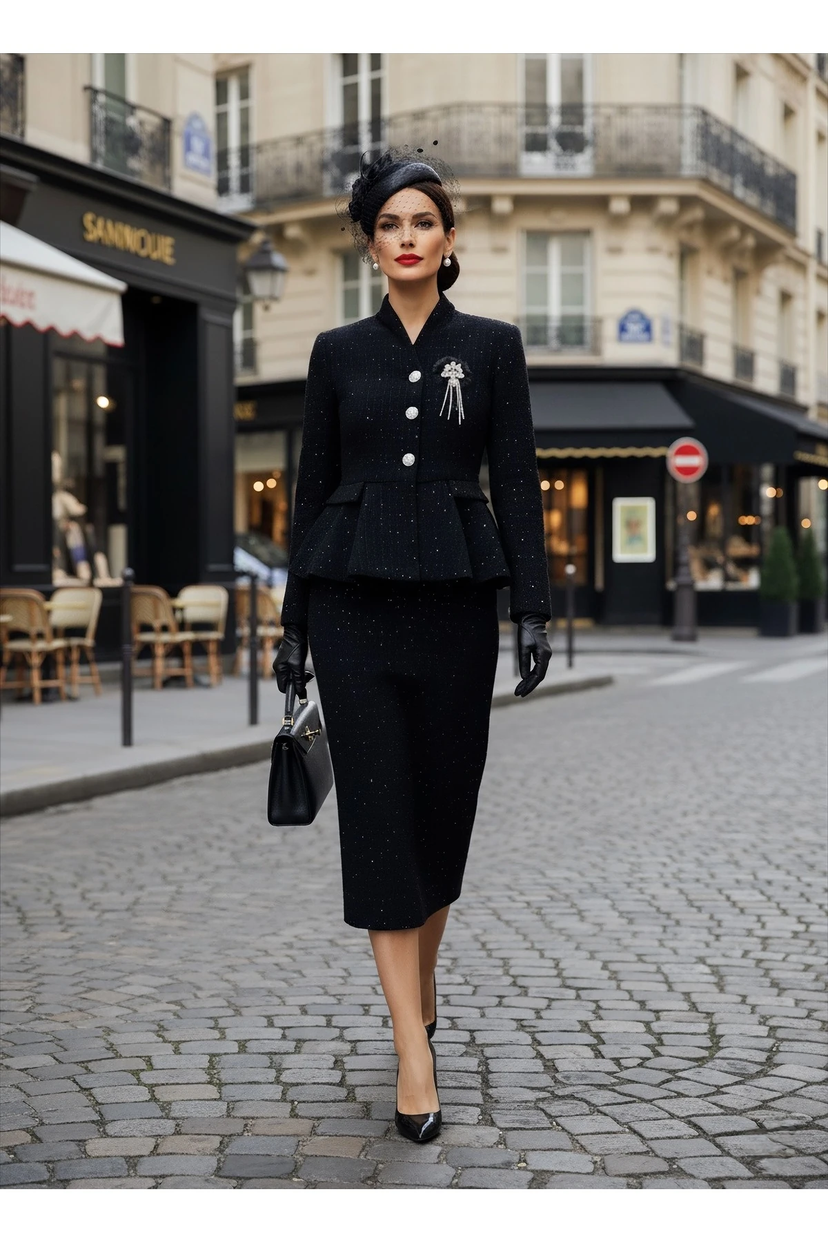 İthal Tüvit Kumaş Taş Ve Zincirli Broş Dahil Astarlı Düğme Detaylı Astarlı Özel Tasarım Takım - Siyah