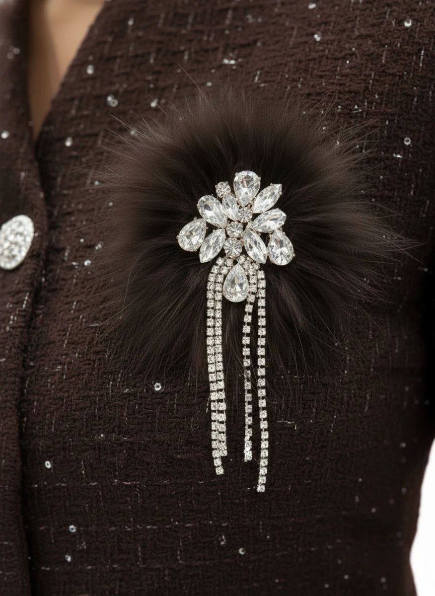 İthal Tüvit Kumaş Taş Ve Zincirli Broş Dahil Astarlı Düğme Detaylı Astarlı Özel Tasarım Takım - Kahverengi