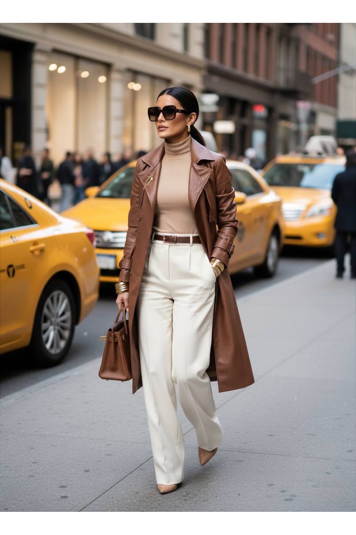 İthal Deriden Kuşak Dahil Broş Detaylı Astarlı Özel Tasarım Kaban - taba