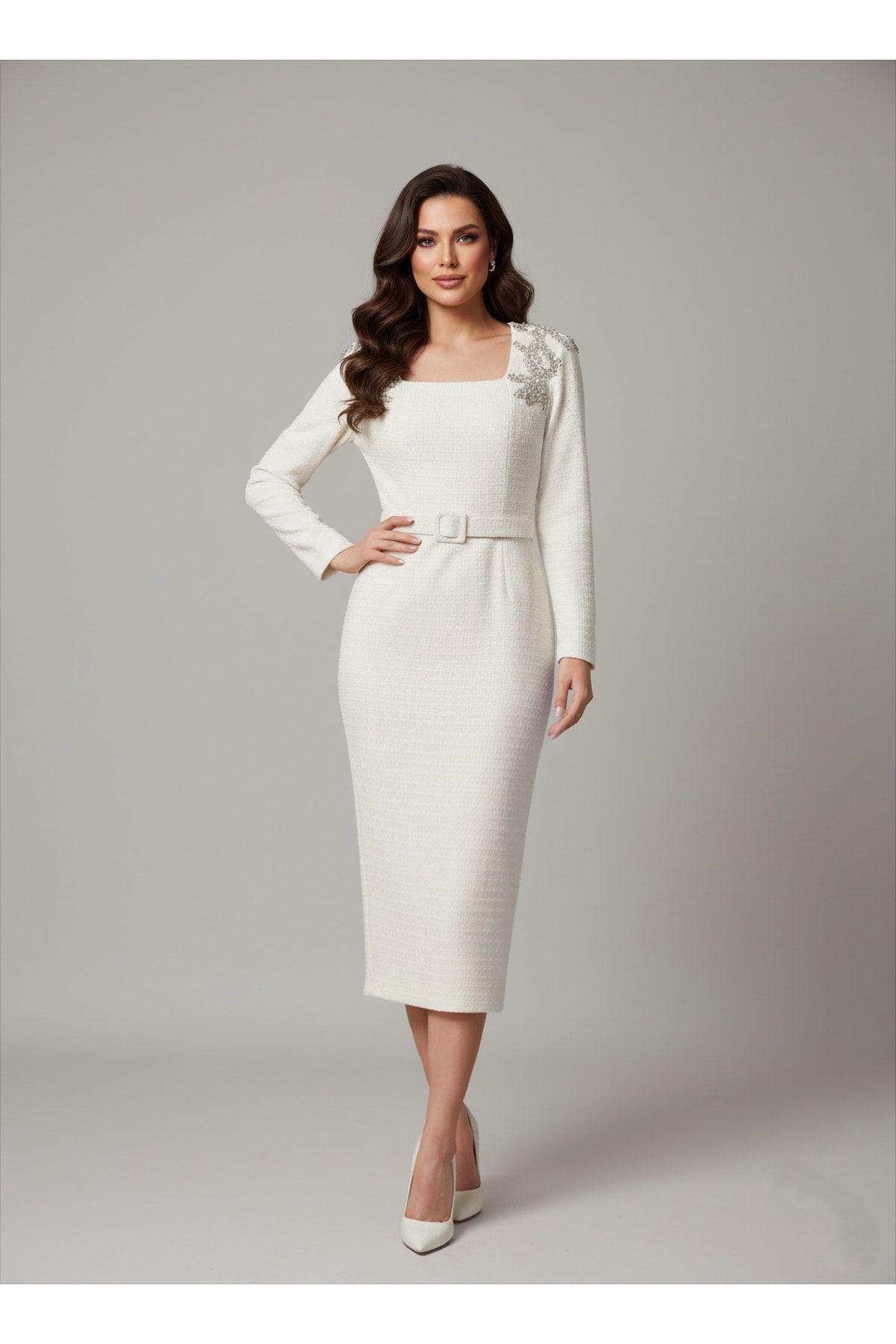 Kadın İthal Tüvit Kumaş Taş İşlemeli Astarlı Özel Tasarım Midi Elbise - Beyaz