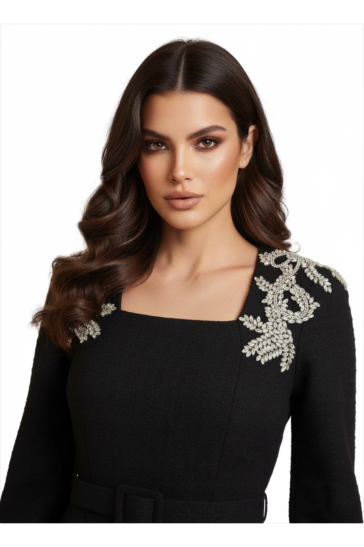 Kadın İthal Tüvit Kumaş Taş İşlemeli Astarlı Özel Tasarım Midi Elbise - Siyah