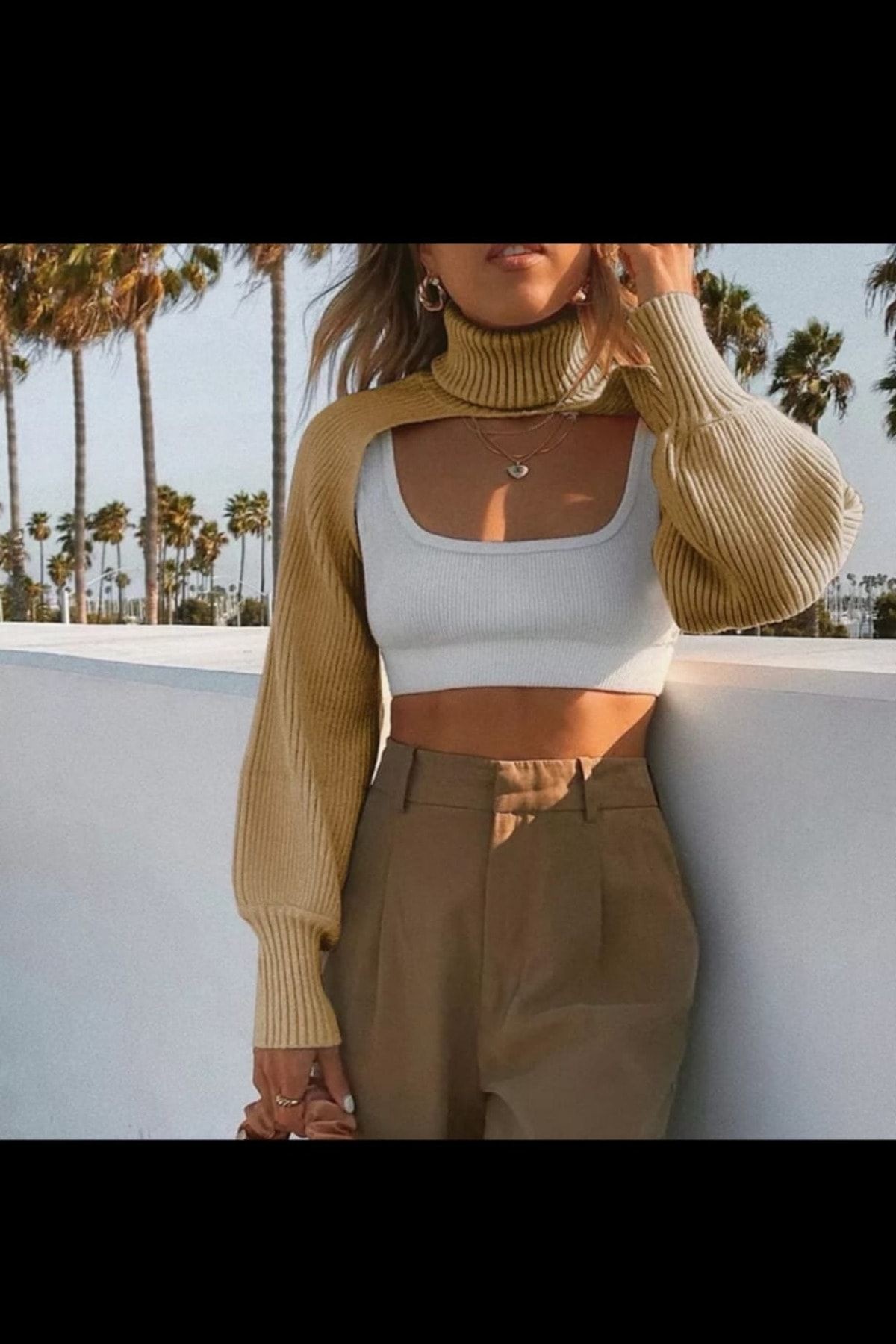 Kadın Vizon Balıkçı Yaka Triko Crop