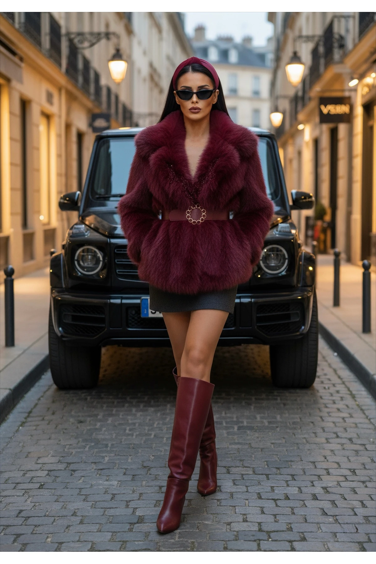 İthal Kürkten Taş İşlemeli Kemerli Astarlı Özel Tasarım Mont - Bordo