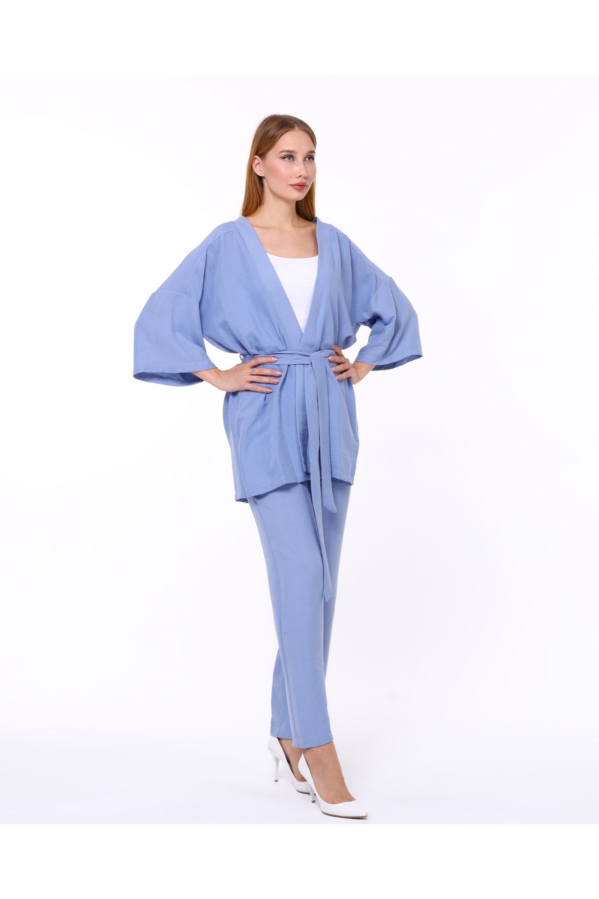 Kadın Aerobin Kumaş Üst Kuşaklı Hırka Alt Lastikli Cepli Düğmeli Pantolon Alt Üst Takım Kimono - mavi