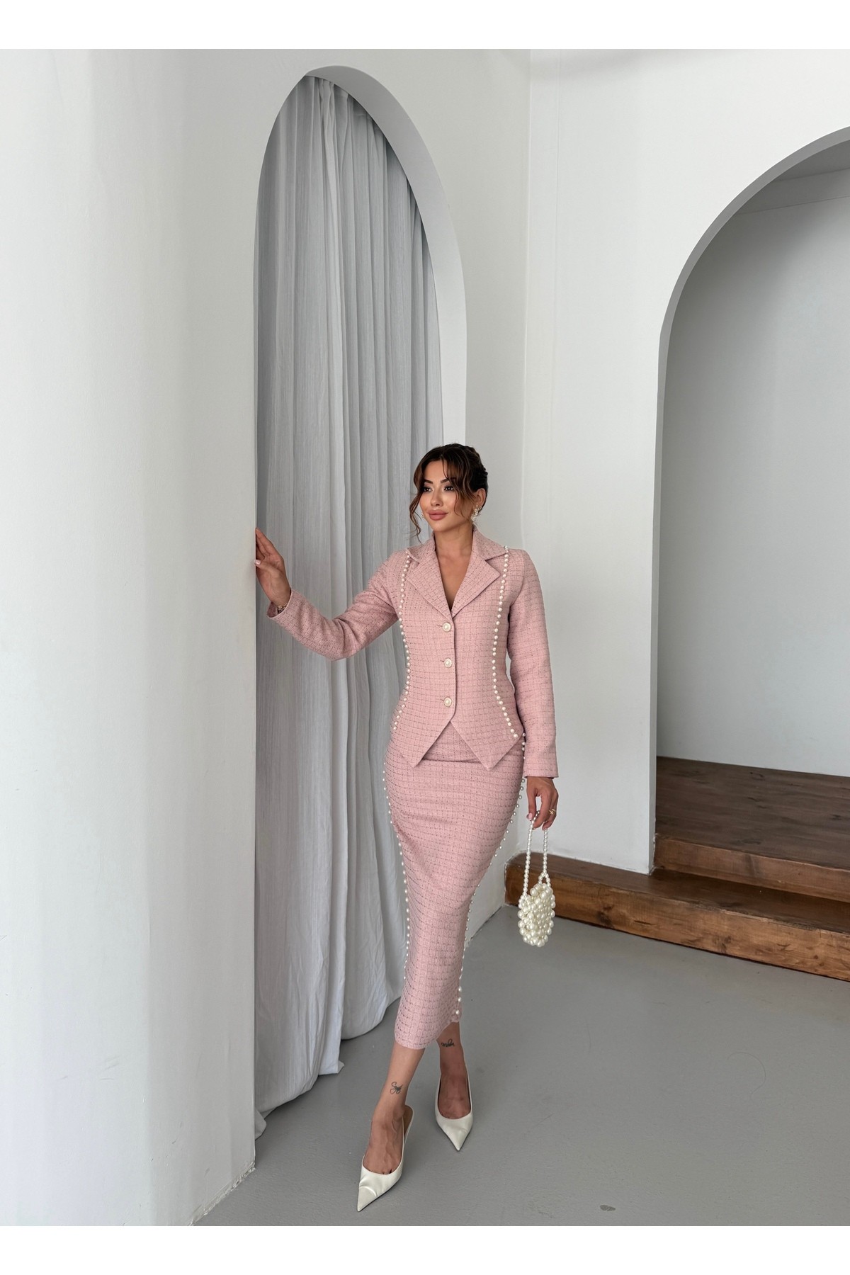 Kadın İthal Tüvit Kumaş İnci İşlemeli Astarlı Ceket Etek Alt-Üst Takım - Pembe