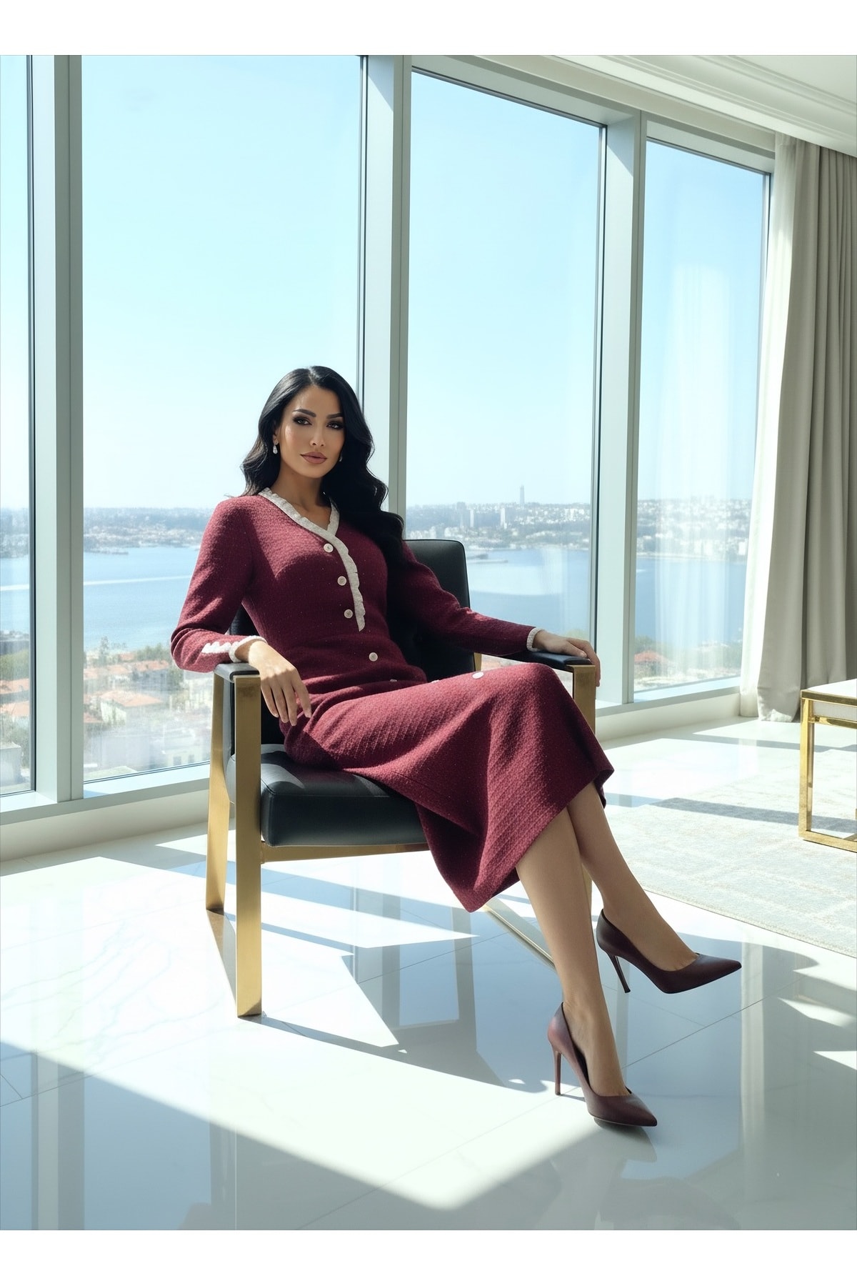 İthal Tüvit Kumaş Düğme Detaylı Astarlı Yırtmaçlı Özel Tasarım Midi Elbise
