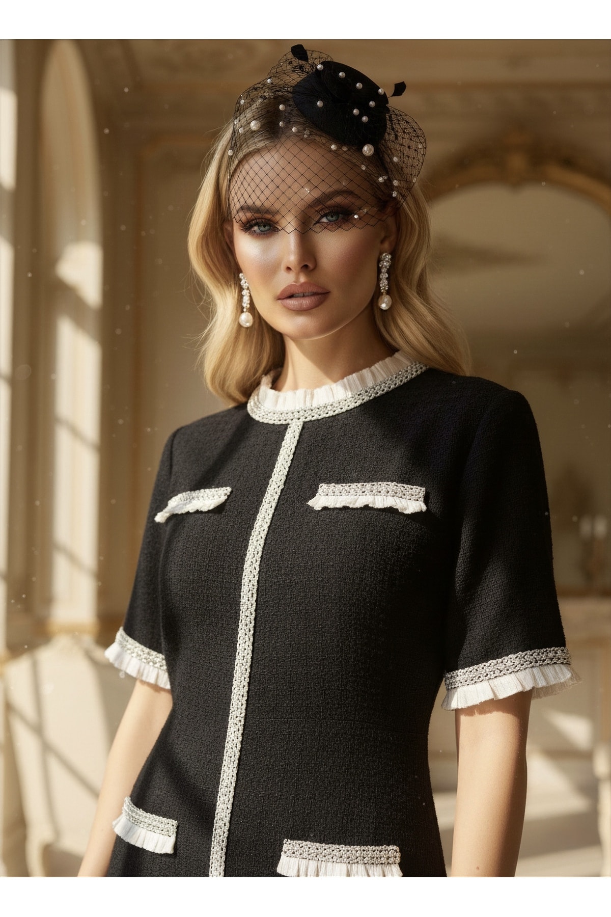 İthal Tüvit Kumaş Taş İnci İşleme Detaylı Astarlı Özel Tasarım Midi Elbise - Siyah