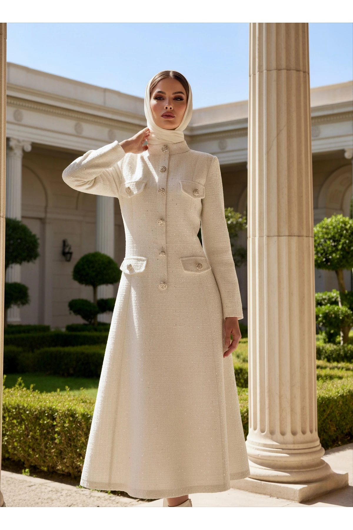 İthal Tüvit Kumaş Düğme Detaylı Astarlı Özel Tasarım Uzun Elbise