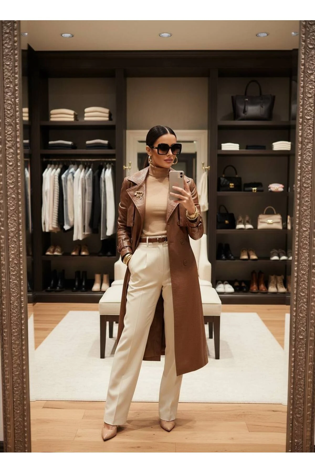 İthal Deriden Kuşak Dahil Broş Detaylı Astarlı Özel Tasarım Kaban - taba