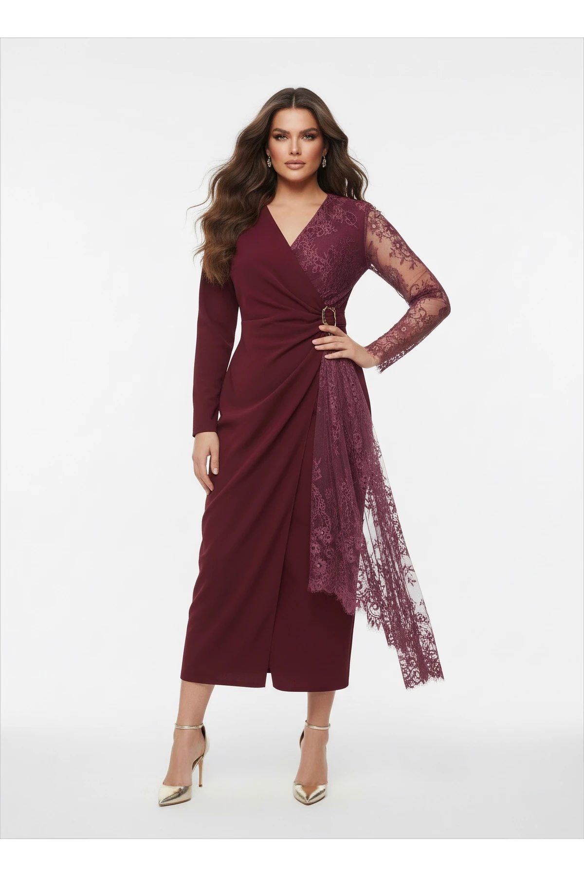 İthal Krep & Dantel Kumaş Toka Detaylı Astarlı Özel Tasarım Maxi Elbise - Bordo