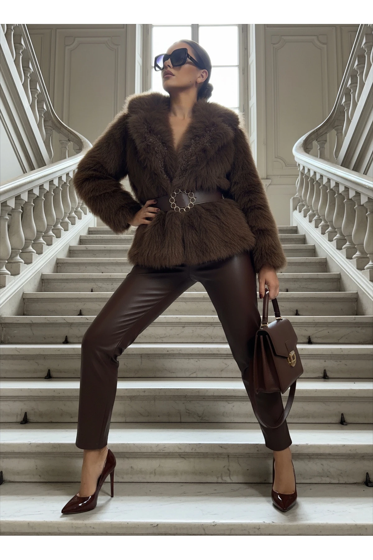 İthal Kürkten Taş İşlemeli Kemerli Astarlı Özel Tasarım Mont - Kahverengi