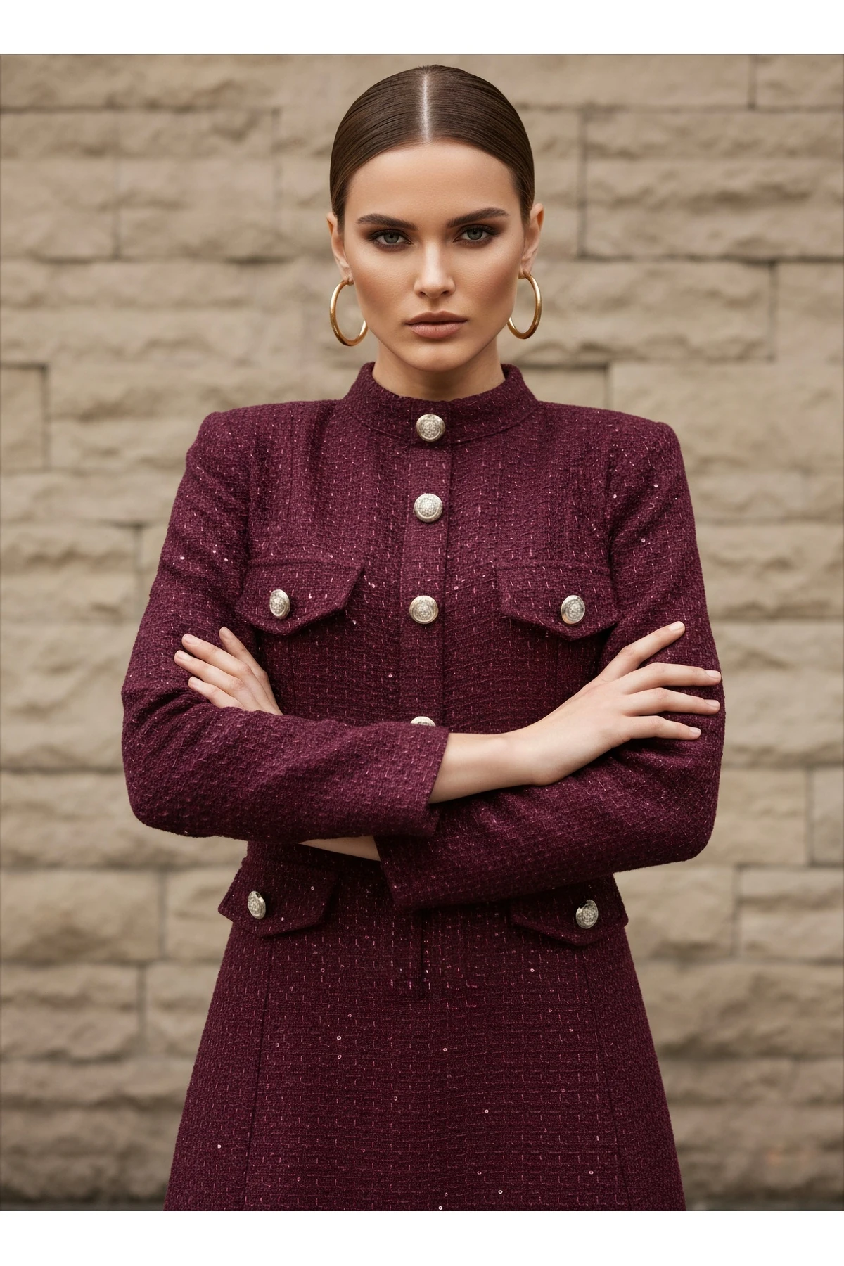 İthal Tüvit Kumaş Düğme Detaylı Astarlı Özel Tasarım Uzun Elbise - Bordo