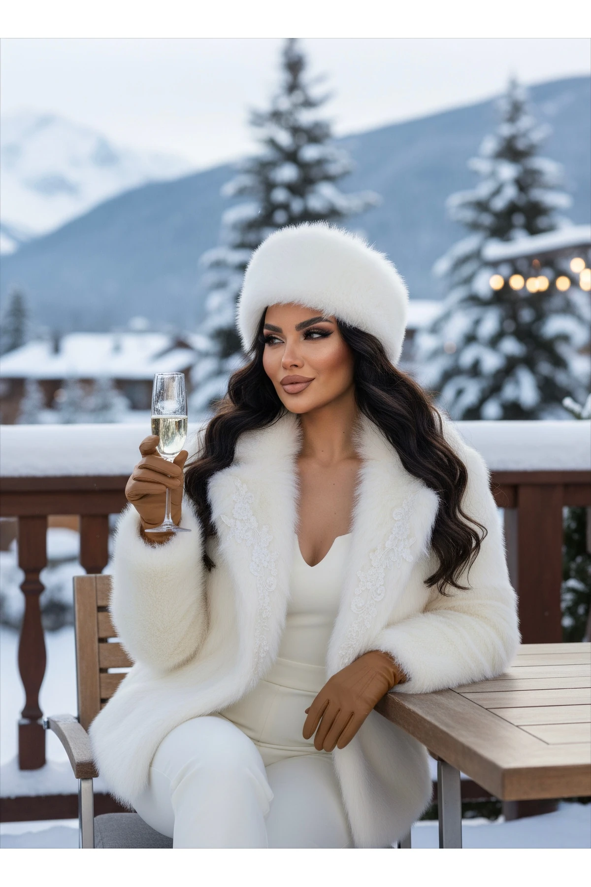 İthal Kürkten Taş İşlemeli Kemerli Astarlı Özel Tasarım Mont - Beyaz