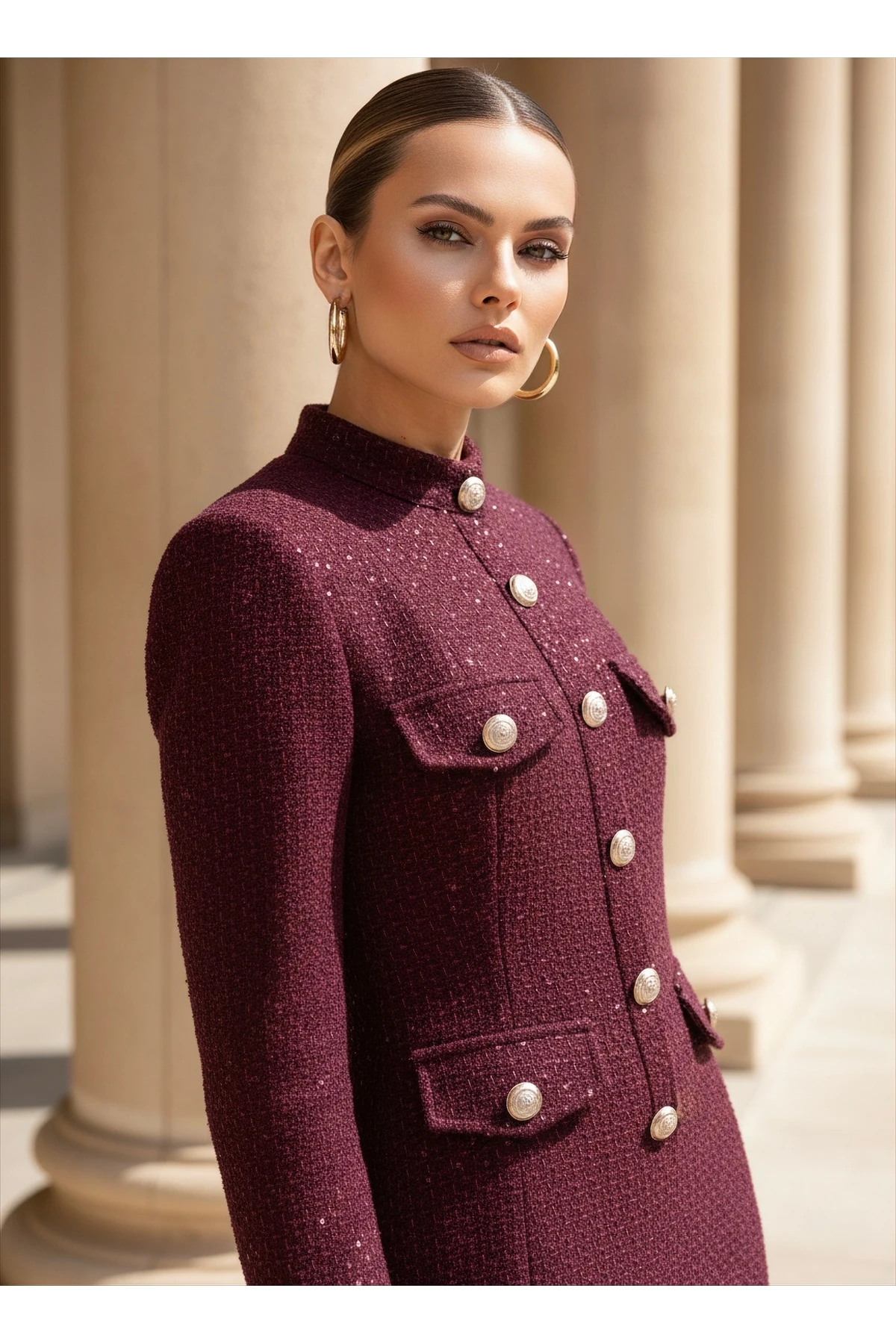 İthal Tüvit Kumaş Düğme Detaylı Astarlı Özel Tasarım Uzun Elbise - Bordo