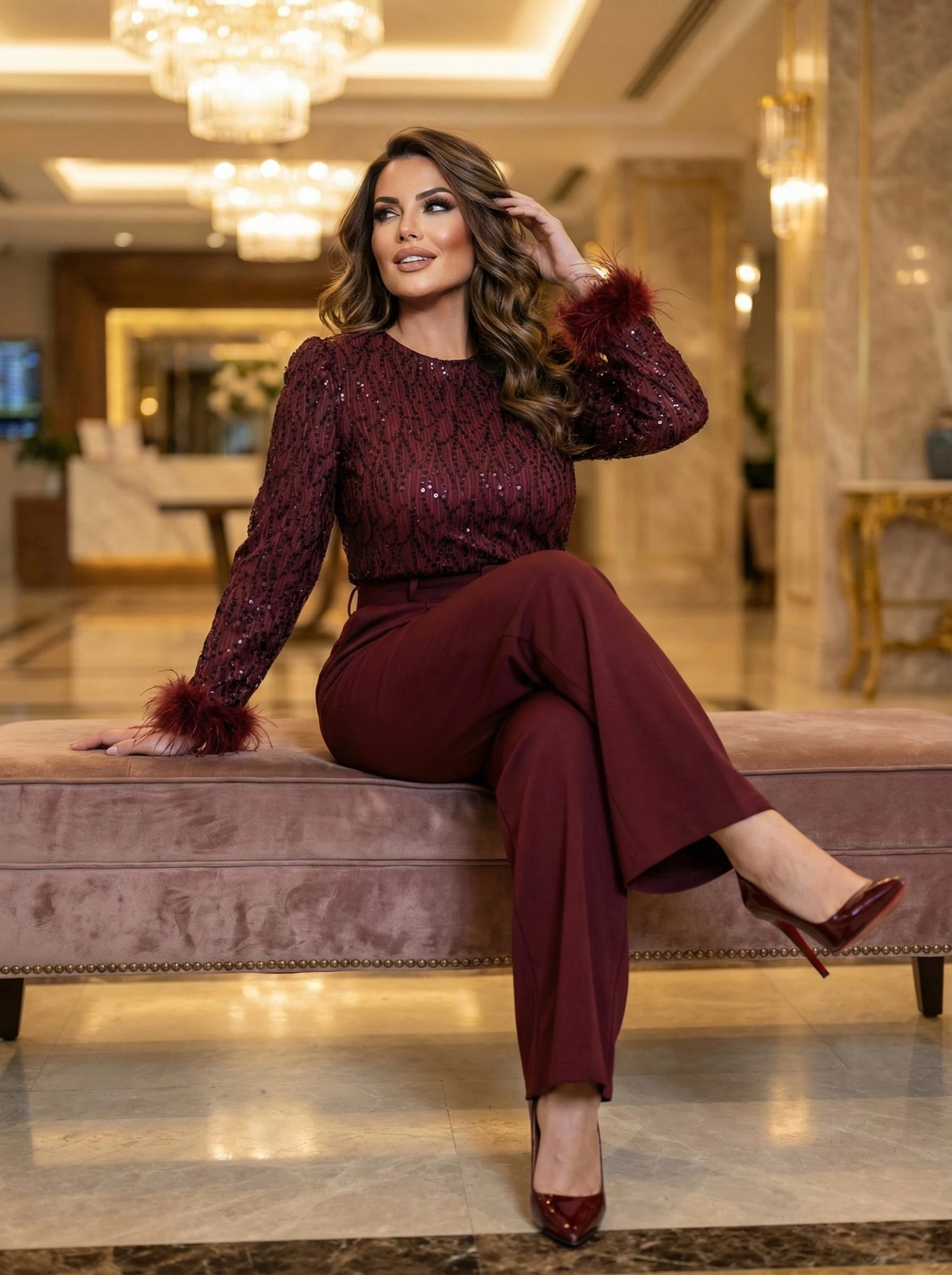 Kadın İthal Kumaştan Payetli Kemerli Kollar Otriş Detay Astarlı Özel Tasarım Tulum - Bordo