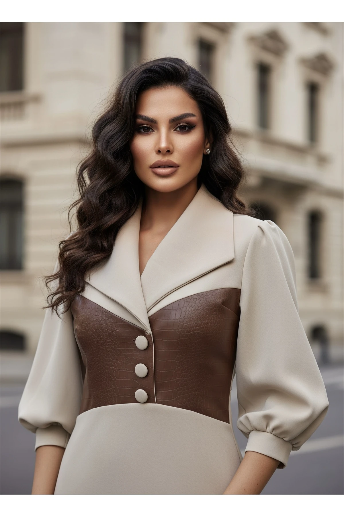 İthal Kumaştan Düğmeli Deri Detaylı Astarlı Özel Tasarım Maxi Elbise - Beyaz