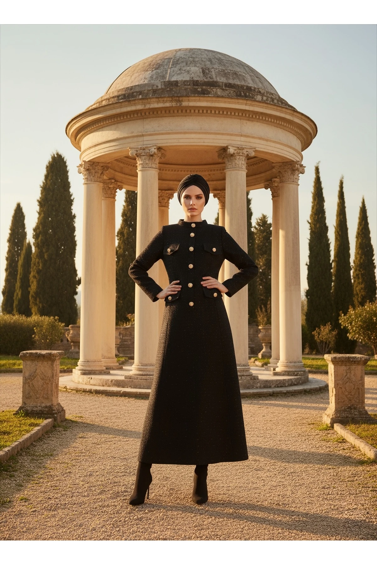 İthal Tüvit Kumaş Düğme Detaylı Astarlı Özel Tasarım Uzun Elbise - Siyah