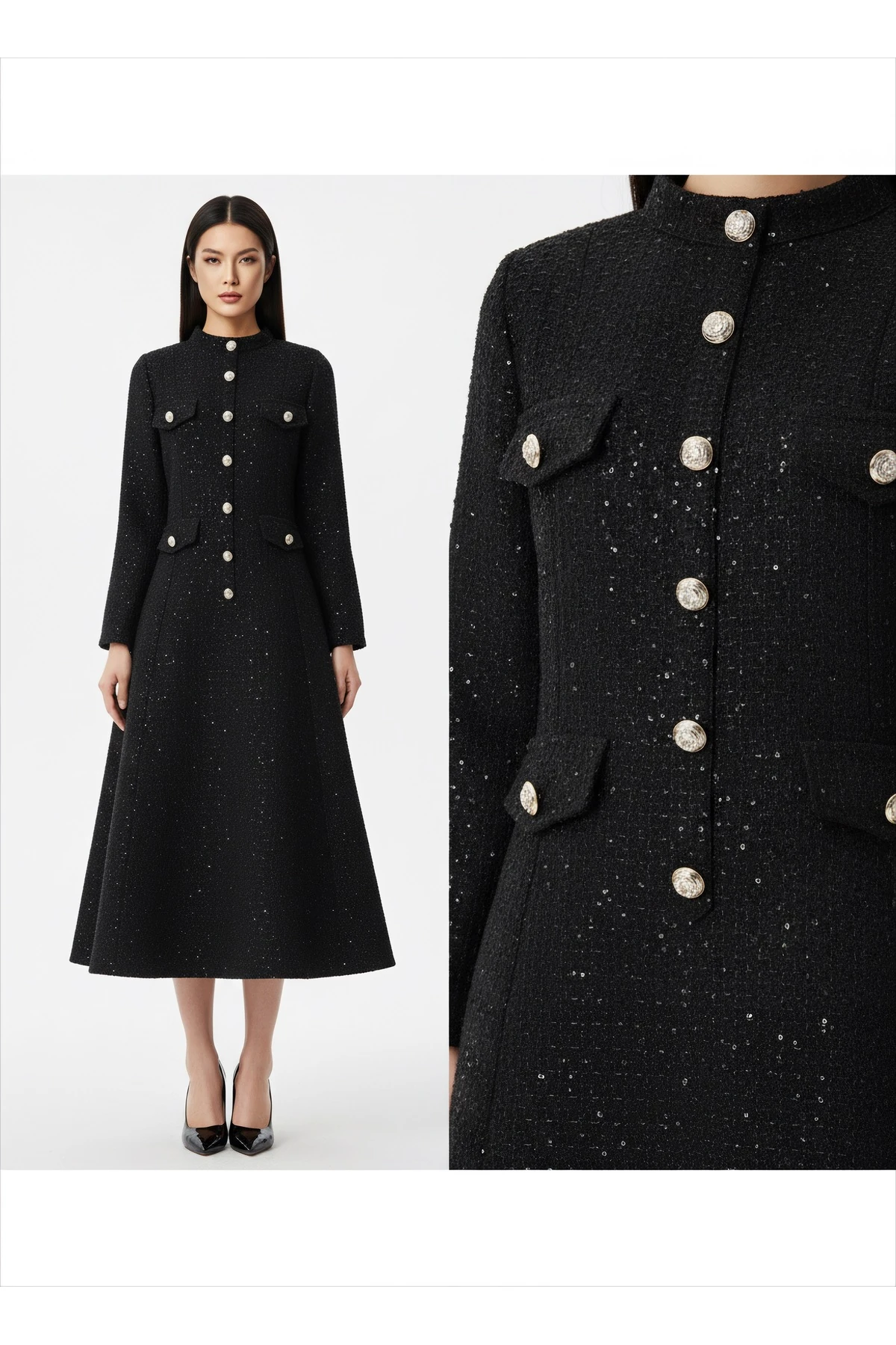 İthal Tüvit Kumaş Düğme Detaylı Astarlı Özel Tasarım Uzun Elbise - Siyah