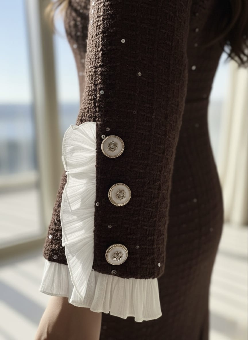 İthal Tüvit Kumaş Düğme Detaylı Astarlı Yırtmaçlı Özel Tasarım Midi Elbise - Kahverengi